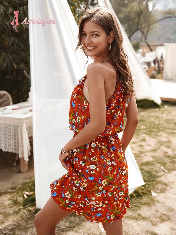 Aswinfon 2020 г. женское летнее мини-платье с открытыми плечами и принтом платья без