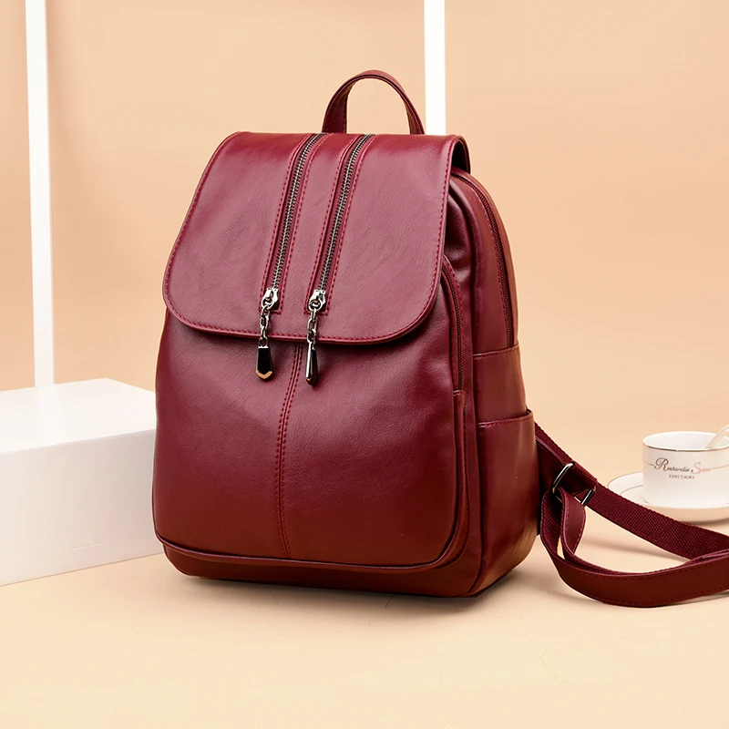 Casual Double Zipper Backpacks Female Large Capacity School Bags for Girls Leather Shoulder Bag Travel Backpack For Women 2019 |