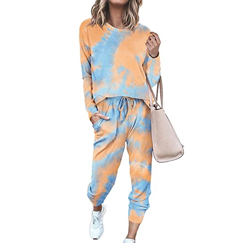 

S-2XL Women's Two Piece Pajamas Set Tie Dye Printed Round Neck Pullover Homewear Drawstring Long Pants for Female