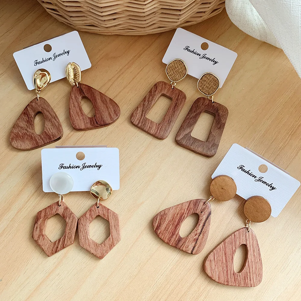 Корейские винтажные деревянные серьги в новом дизайне зеркальные треугольные