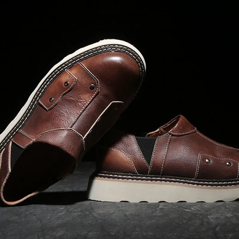 

High Quality Mens Genuine Leather Casual Shoes Breathable Slip-On Round Toe Thick Bottom Vintage Cowhide Outdoor Active Shoes