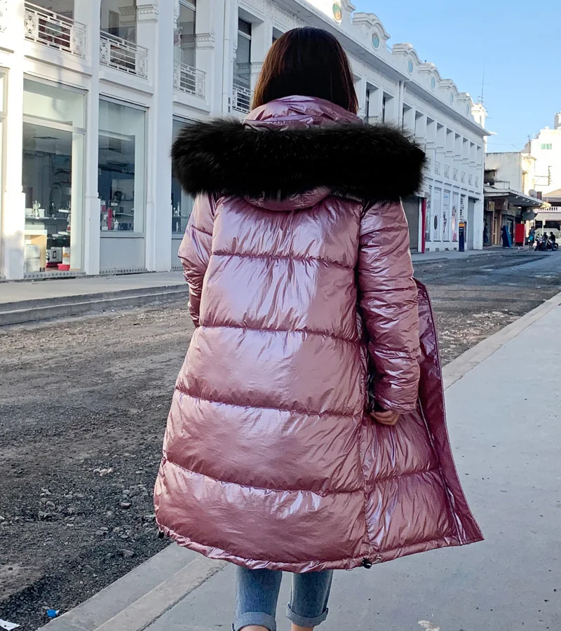 Высокое качество, новинка, Зимняя женская куртка, теплая, утолщенная, с капюшоном, с натуральным мехом, длинное пальто, блестящая ткань, стильная женская парка