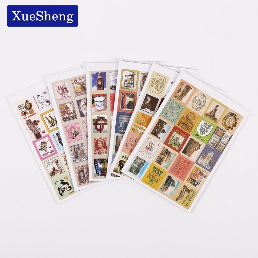 

1 Bag(4 Sheets) DIY Vintage Retro Stamp Stickers London Paris Prince Alice Sticky Scrapbooking Paper
