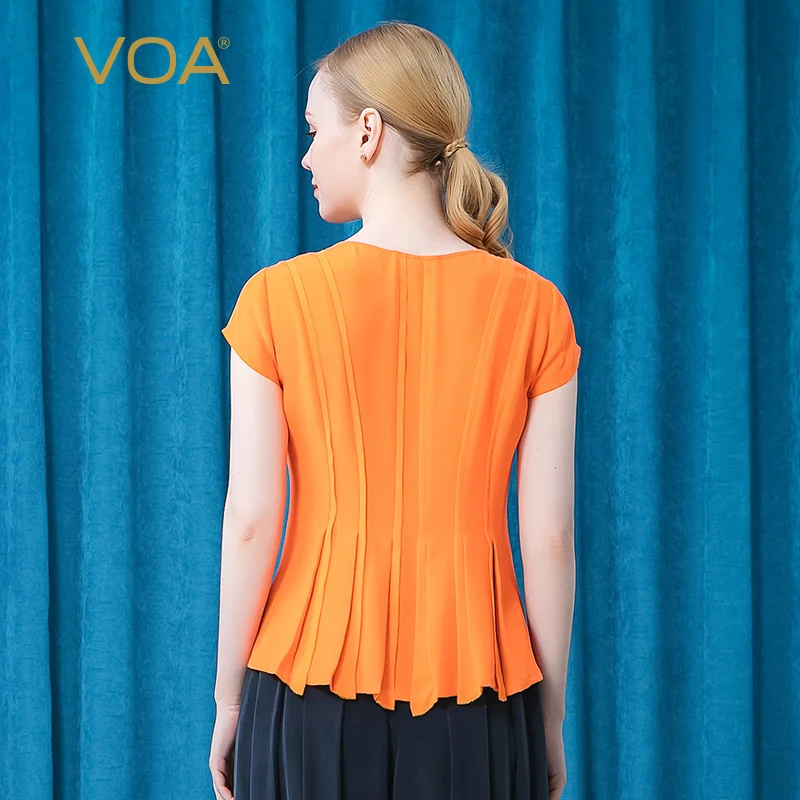 Kaufen VOA Schwere 30 Mt/mt Seide Orange Frau T-shirts BE532 Drei-dimensional Streifen Spleißen Falten Rock Typ Rotatorenmanschette Runde Neck T-shirt