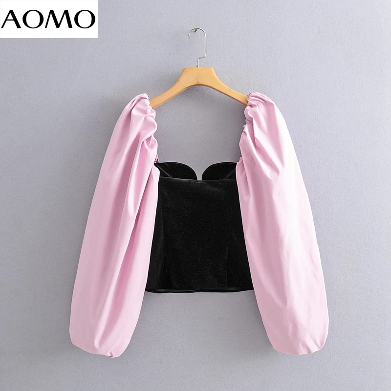 

AOMO women stretchy velvet blouse short style fashion puff patchwork long sleeve shirts female chic tops 3R12A