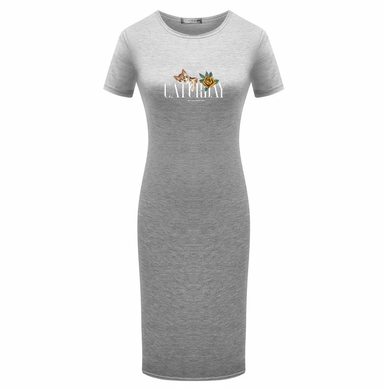 

Women Summer Dress Cat Letter Print Party Dresses Short Sleeve O-Neck Plus Size Vestidos Midi Pencil Robe Femme Package Hip