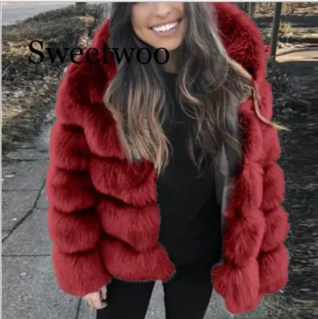 Women Faux Mink Winter Hooded New Faux Fur Jacket Warm Thick Outerwear Jacket Elegant Thick Warm Outerwear Fake Fur Jacket