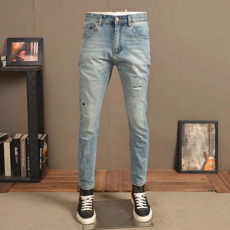 Autumn Men Vintage Blue Ripped Jeans Casual Streetwear Regular Fit Denim Pants