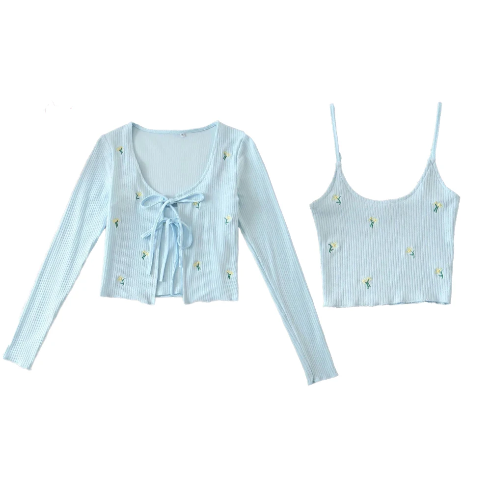 Новинка 2020 Женский комплект из двух предметов вязаный кардиган с вышивкой и