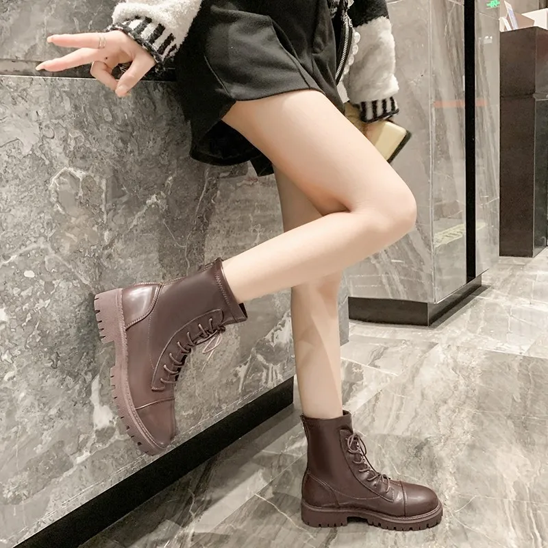 TGHDOF 2021 Leather Lace Up Zipper Knee High Boots Square Heel Autumn Winter Women Shoes Casual Round Toe Long Boots Size34-43