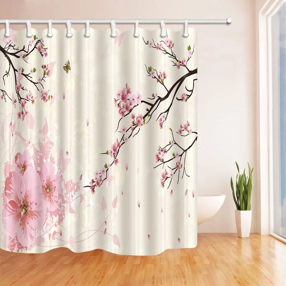 

Занавеска для душа в виде бабочки, тканевая шторка в японском стиле сакуры, с розовыми цветами вишни и зелеными листьями, с крючками, для ванной комнаты