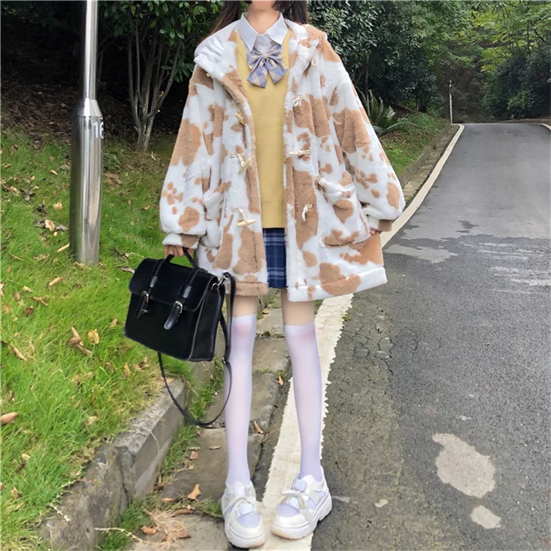 

Japanese Sweet Soft Girl Winter Coat Kawaii Hooded Cows Tie Dye Cute Horn Button Keep Warm Lambswool Thicken Long Outerwear