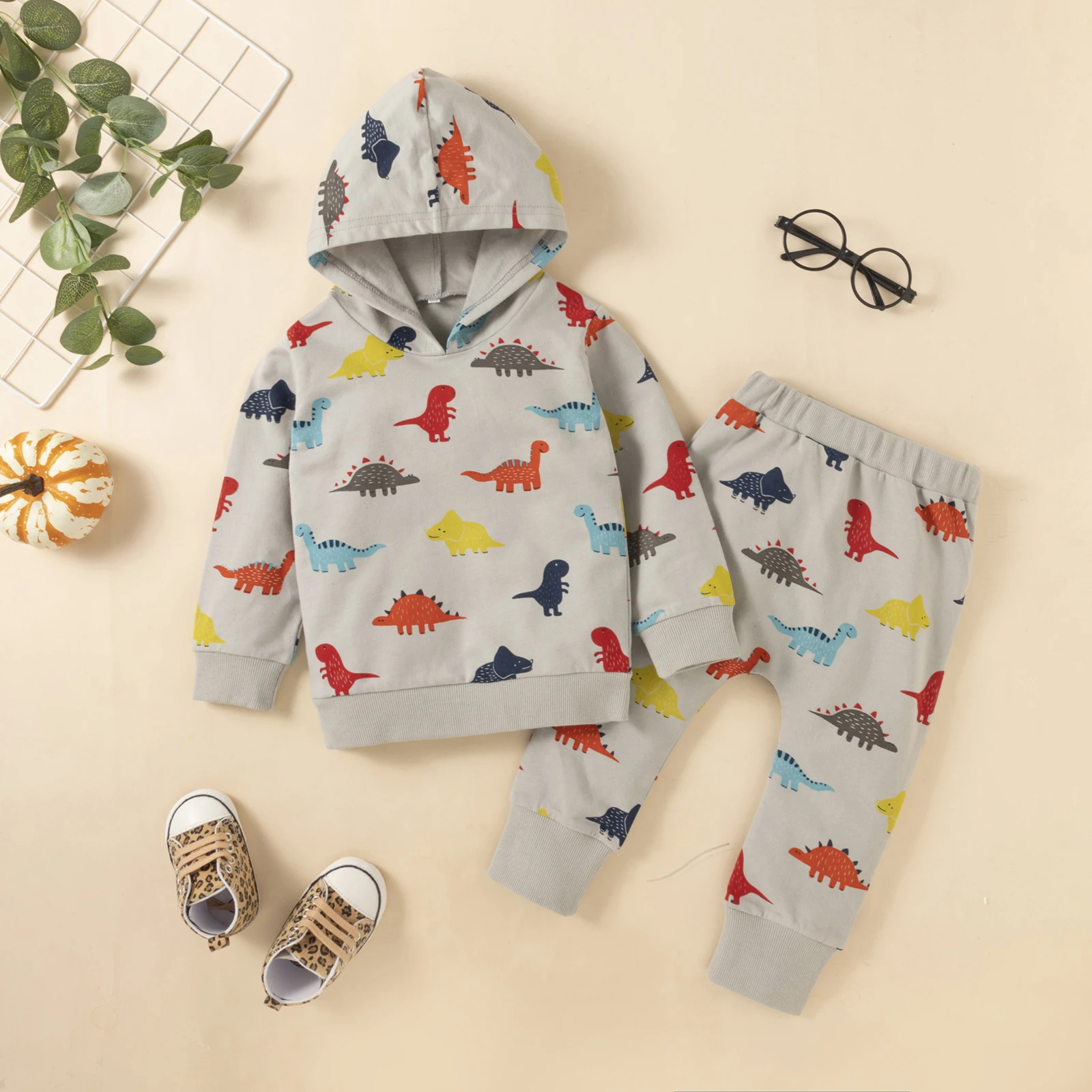 

2 Pcs Newborn Set Boy Dinosaur Print Outfits Clothes Baby Long Sleeve Hooded Sweatshirt Hoodies Trousers Clothing