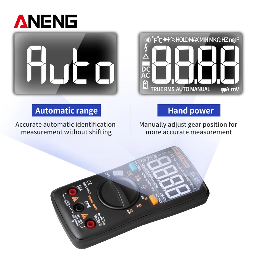 AN113D Digital Multimeter 6000 Counts Electrical Transistor Tester Temperature Auto Ranging AC/DC Voltage Meter for Electrician