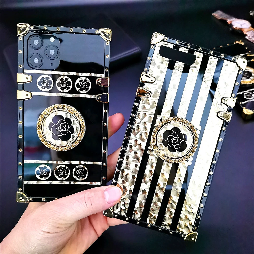 

Luxury Brand Black Rose Flower Glitter Gold Square Case For iPhone 12 11 X XS Max XR Cover for Samsung Note 20 Ultra S21 Plus S9