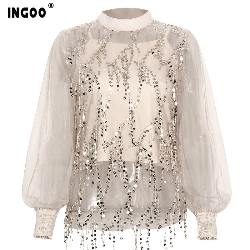 INGOO женская блузка с пайетками элегантная высоким горлом модная повседневная
