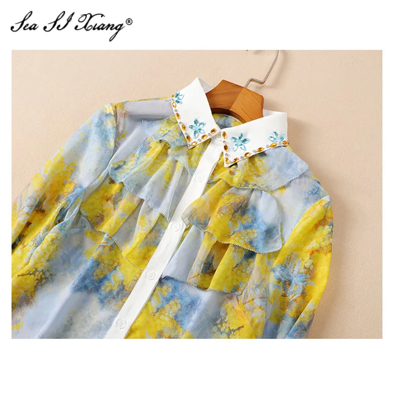 Seasixiang diseñador de moda de primavera de las mujeres de manga larga de blusas Tops de gasa + bolsillos pantalones cortos imprimir conjuntos de dos piezas