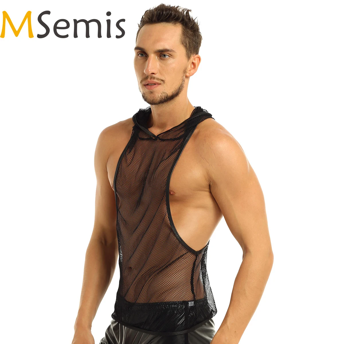 Мужское нижнее белье прозрачная сетка с капюшоном майка ажурная для мужчин