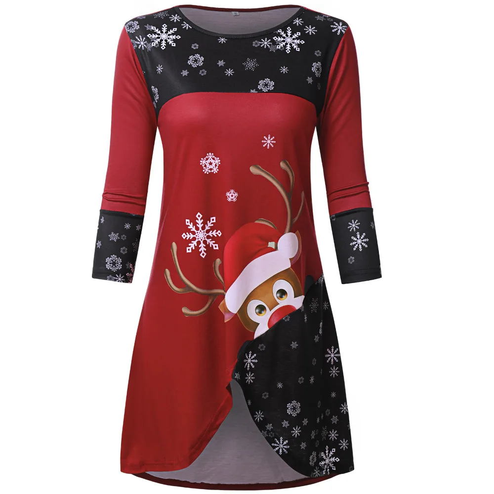 

Autumn Women T-shirts Tops Fashion Christmas O Neck Long Sleeve Tees Casual Snow Deer Print Irregular Hem Medium Length T-shirts