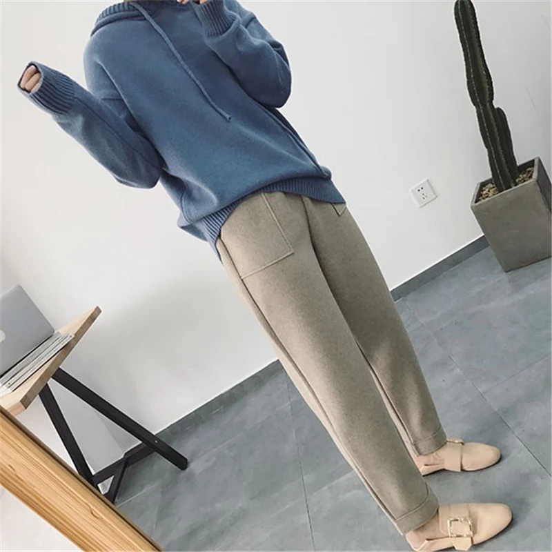 BGTEEVER Autumn Winter Thicken Pants Women Elastic Waist Pockets Woolen Female Pencil Pant Elegant Warm Trousers femme