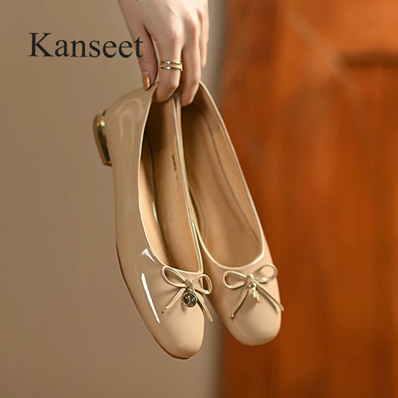 

Kanseet Women's Pumps 2022 Newest Spring Round Toe Sheep Patent Leather Butterfly- Knot Decoration Daily Low Heels Female Shoes