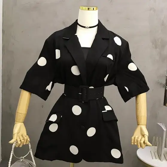 Polka Dot Single Breasted Blazer Women Short Sleeve Belt 2019 Summer Mujer Notched Office Lady Jacket AE838 | Женская одежда