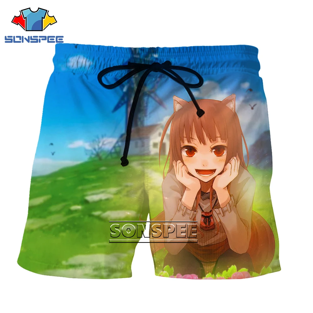 

SONSPEE Spice and Wolf Anime Horo 3D Print Fashion Harajuku Summer Cute Quick Drying Kawaii Hawaii Casual Beach Shorts Men Short