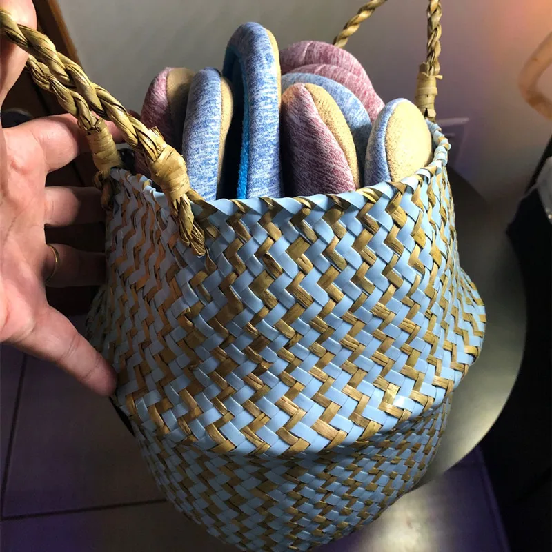 Boho Decor Panier Linge Striped Wicker Storage Baskets Handmade Collapsible Basket Straw Patchwork Rieten Mand Osier | Дом и сад