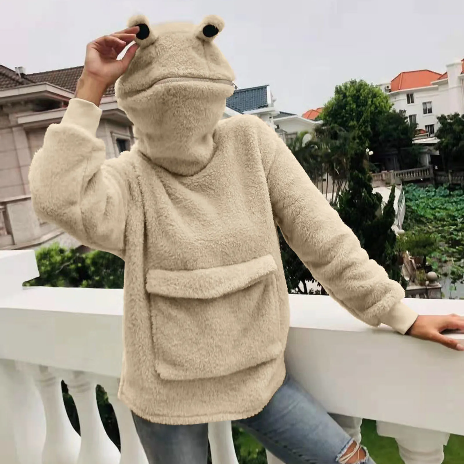 

Women's Sweatershirt Warm Artificial Wool Pockets Stitching Three-dimensional Pocket Cute Design Hooded Pullover Толстовка R5