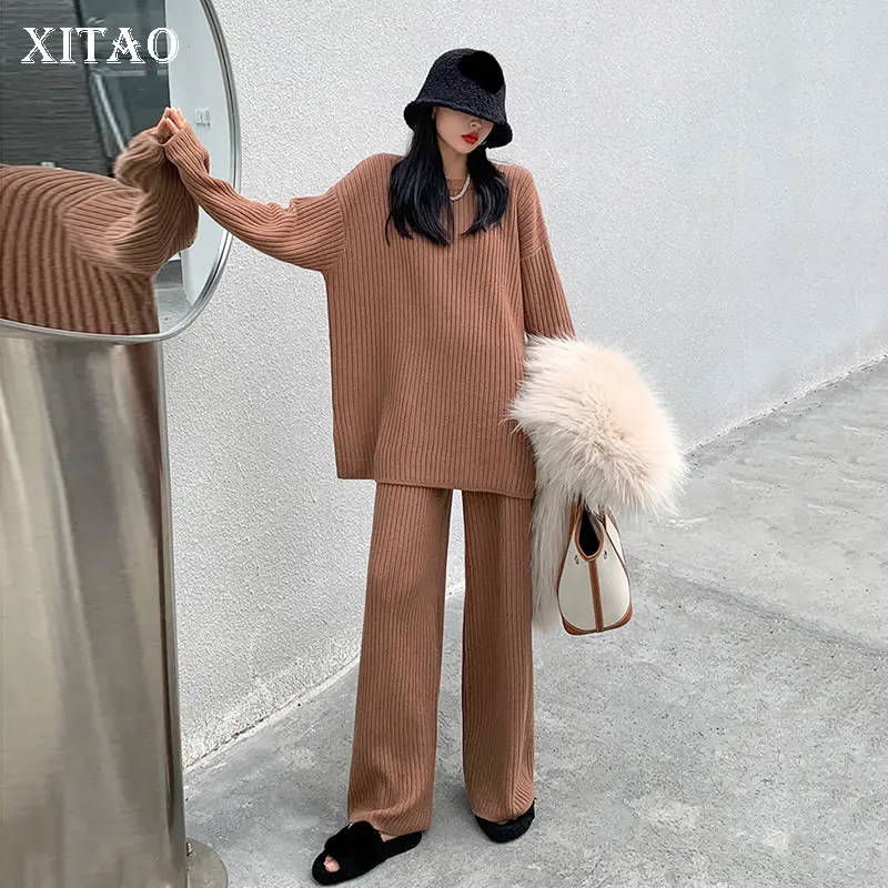 

XITAO Knitting Pants Sets Solid Color Simplicity Temperament Two Piece Suit Fashion Casual Loose Women 2021 Winter New GWJ1985