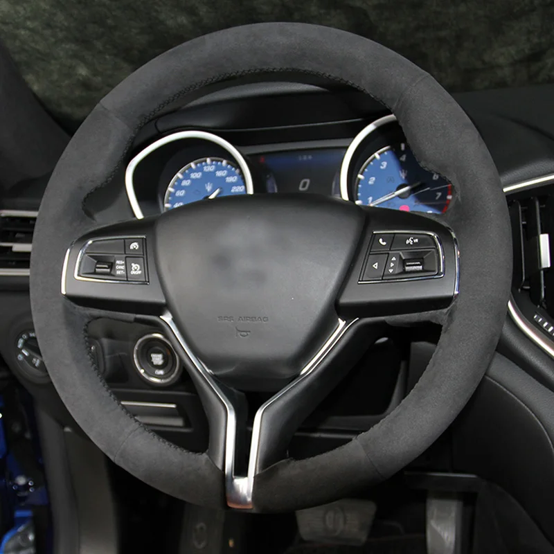 

DIY Hand-stitched Car Steering Wheel Cover Black Suede For Maserati Ghibli Levante Quattroporte GT