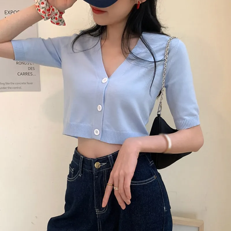 

Summer Cardigan Women Casual Solid Color Short Sleeve V-neck T Shirts Exposed Navel Knitted Short Tops Dropshipping