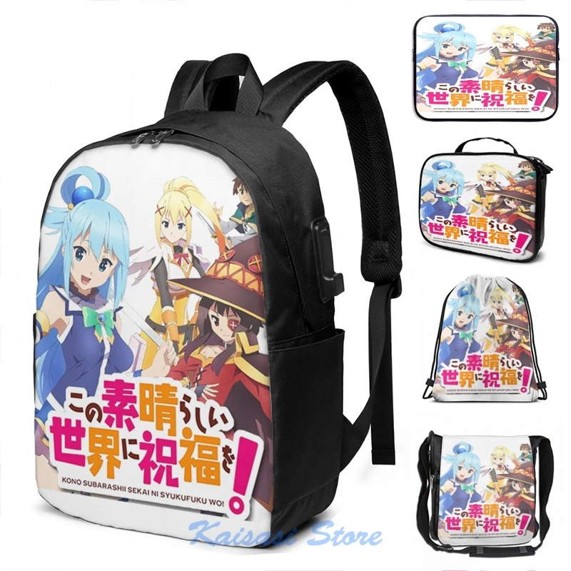 Konosuba Kono Subarashi Sekai Ni Syukufuku Woi! Рюкзак с USB зарядкой для мужчин и женщин школьные ранцы