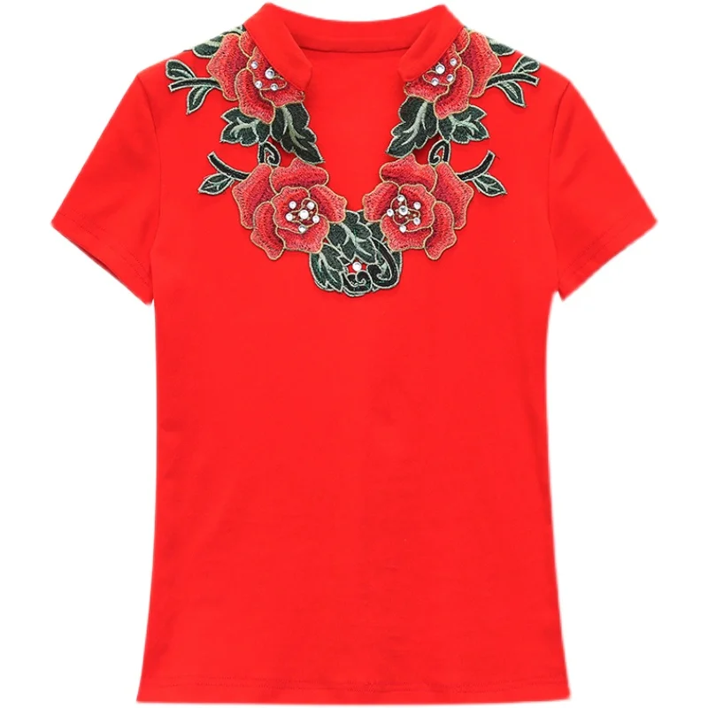 

Chinese Style Women's T-Shirt Fashion Elegant Embroidery Tops New 2021 Summer Plus Size Female Shirt