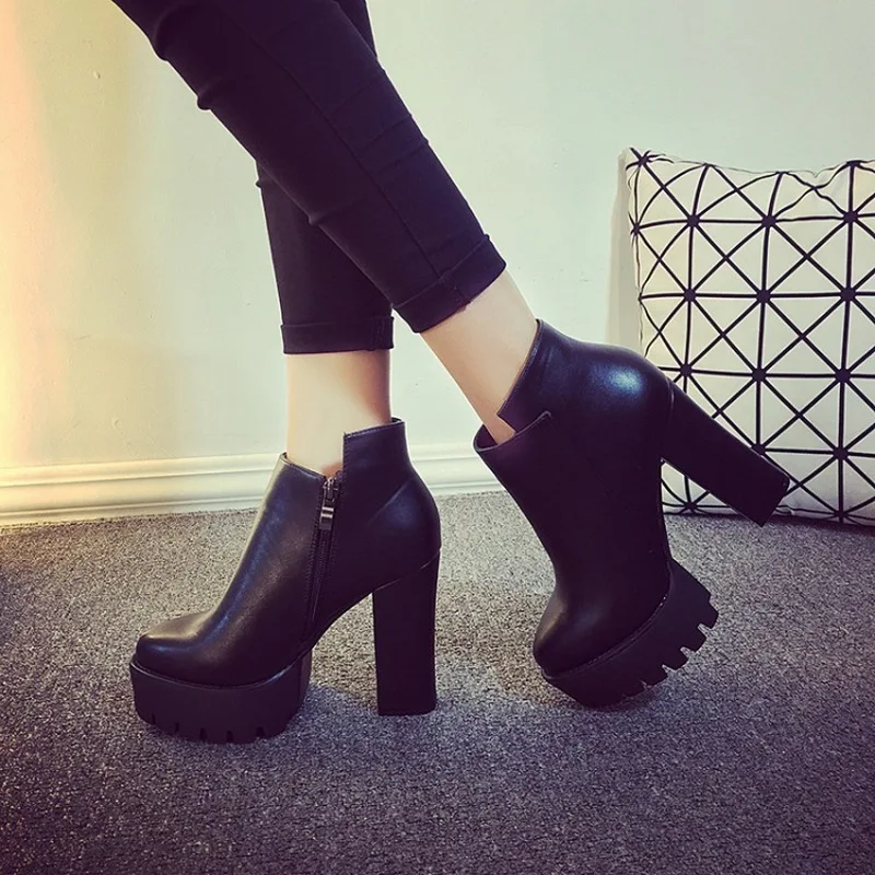 

2021 New Womens Side Zipper Ankle Boots Comfortable Platform Buckle Women Ankle Boots Platform Thick High Heel 12 Cm Ladies Boot