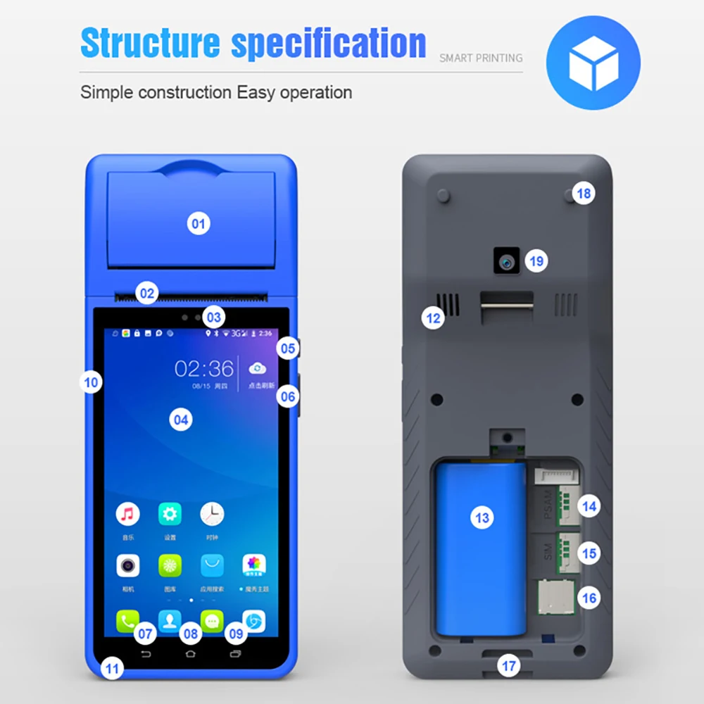 

Ручной термальный принтер POS 58 мм Bluetooth Wi-Fi терминал Android PDA устройство NFC беспроводное биллинговое бесплатное M