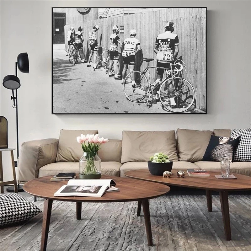 

Retro black and white vintage bicycle rider poster and canvas painting, print street wall art for picture home decoration