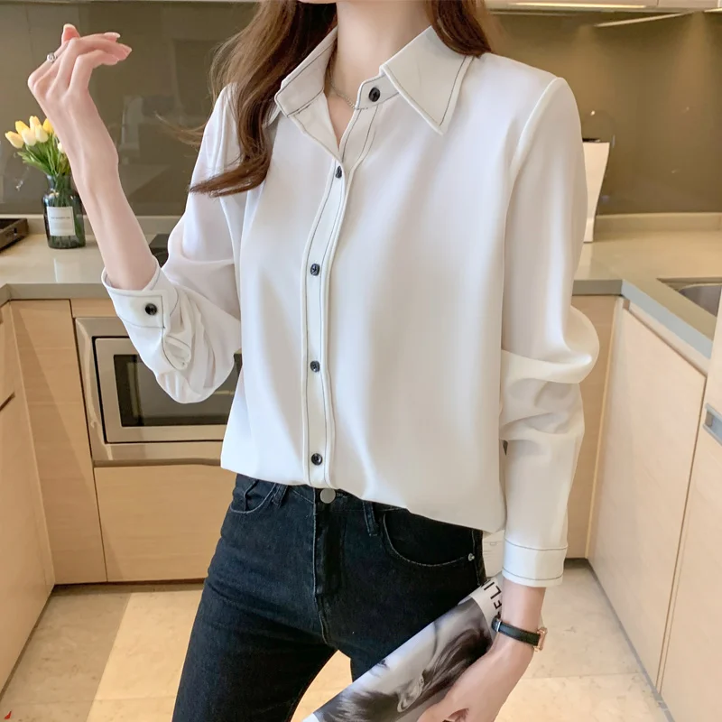 

Houthion Chiffon Loose Women's Blouses Long Sleeve Top New Casual Blouse Fashion Solid Color Buttons Shirt Lady Blusas