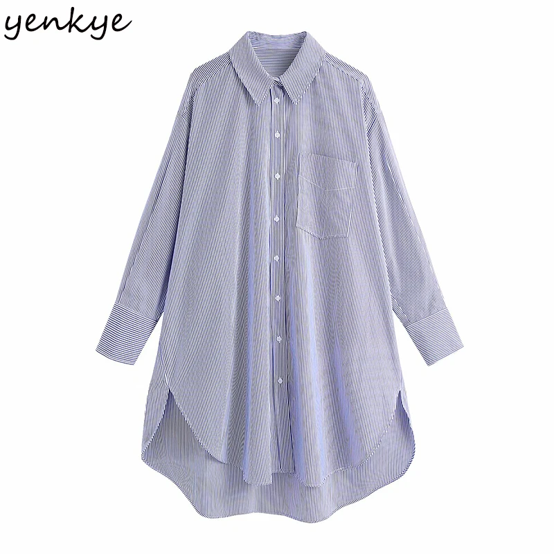 

YENKYE Vintage Oversize Poplin Blouse Shirt Women Long Sleeve Lapel Collar Asymmetric Hem Roomy Shirts Streetwear Long Blusas