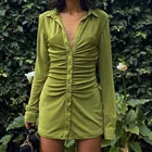 Новинка 2021, осенние платья, женские платья с длинным рукавом, сексуальное мини-платье, зеленые платья на пуговицах, облегающие платья-рубашки с отложным воротником