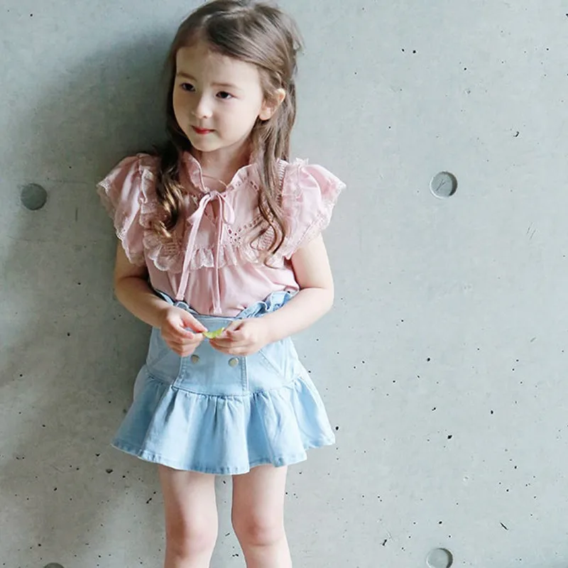 Кружевные рубашки для маленьких девочек милые корейские топы с короткими