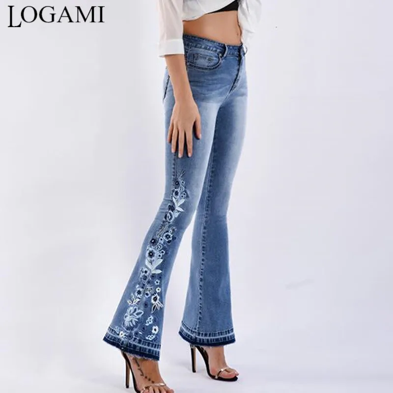 

LOGAMI flower Embroidery skinny jeans woman vintage flare denim pants womens jeans