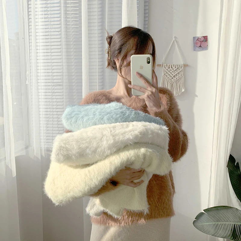 

TIGENA Faux Mink Fur Sweater Women 2021 New Autumn Winter Solid Thick Warm Loose Pullover Sweater Female Knit Jumper Clothing
