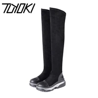 tuyoki women genuine leather thick sole over knee boots round toe comfortable long boots winter black botas size 34 39