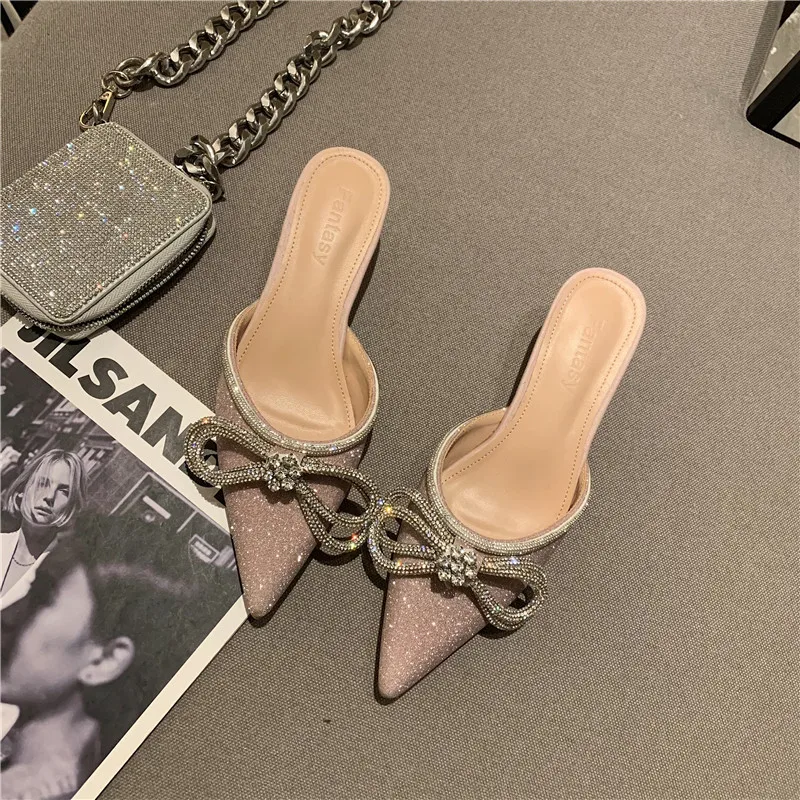 

2021 spring new Rhinestone bow sandals with satin pointed thin heel