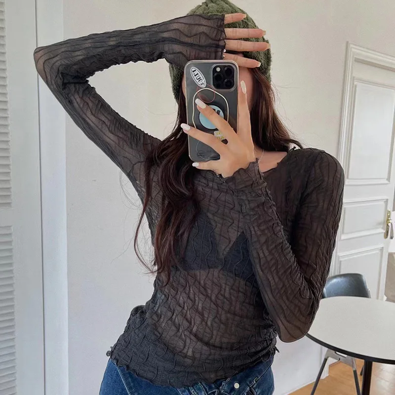 

Привлекательная женская футболка, прозрачные сетчатые топы, Прозрачная облегающая женская футболка с длинным рукавом, женская одежда, лето...