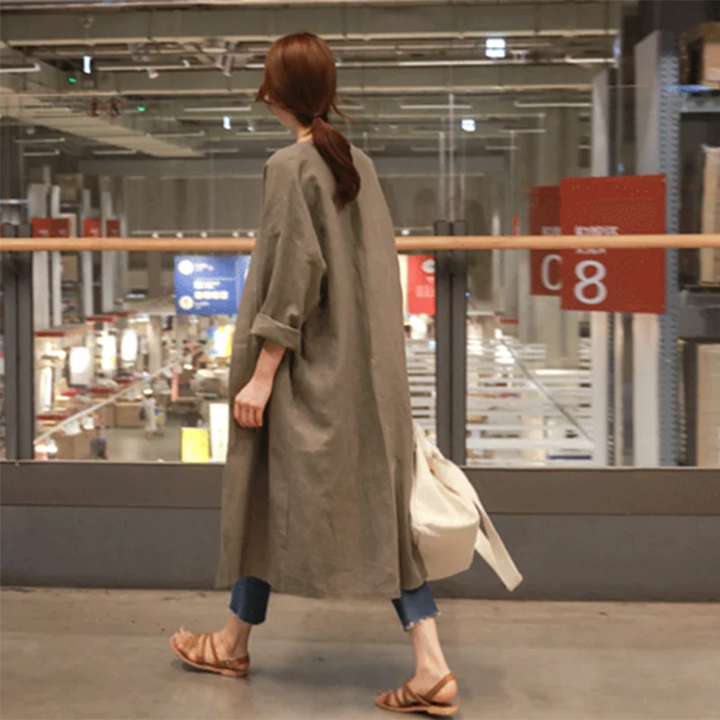 

Cotton Linen Long Cardigan Trench Coat Women Autumn Windbreaker Casual Oversized Coat Vintage Loose Sun Protection Clothing V625