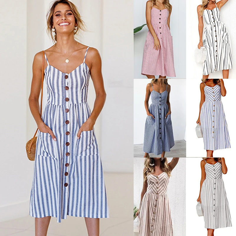 Женское платье Летнее богемное Спагетти ремень на пуговицах свободное Полосатое