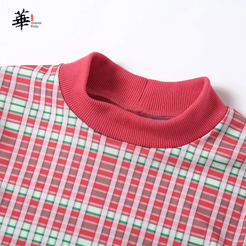 

Plaid Top Women Long Sleeve Round Neck Flare Sleeve Crop Top Casual T Shirt Short Ladies Blouse Shirt