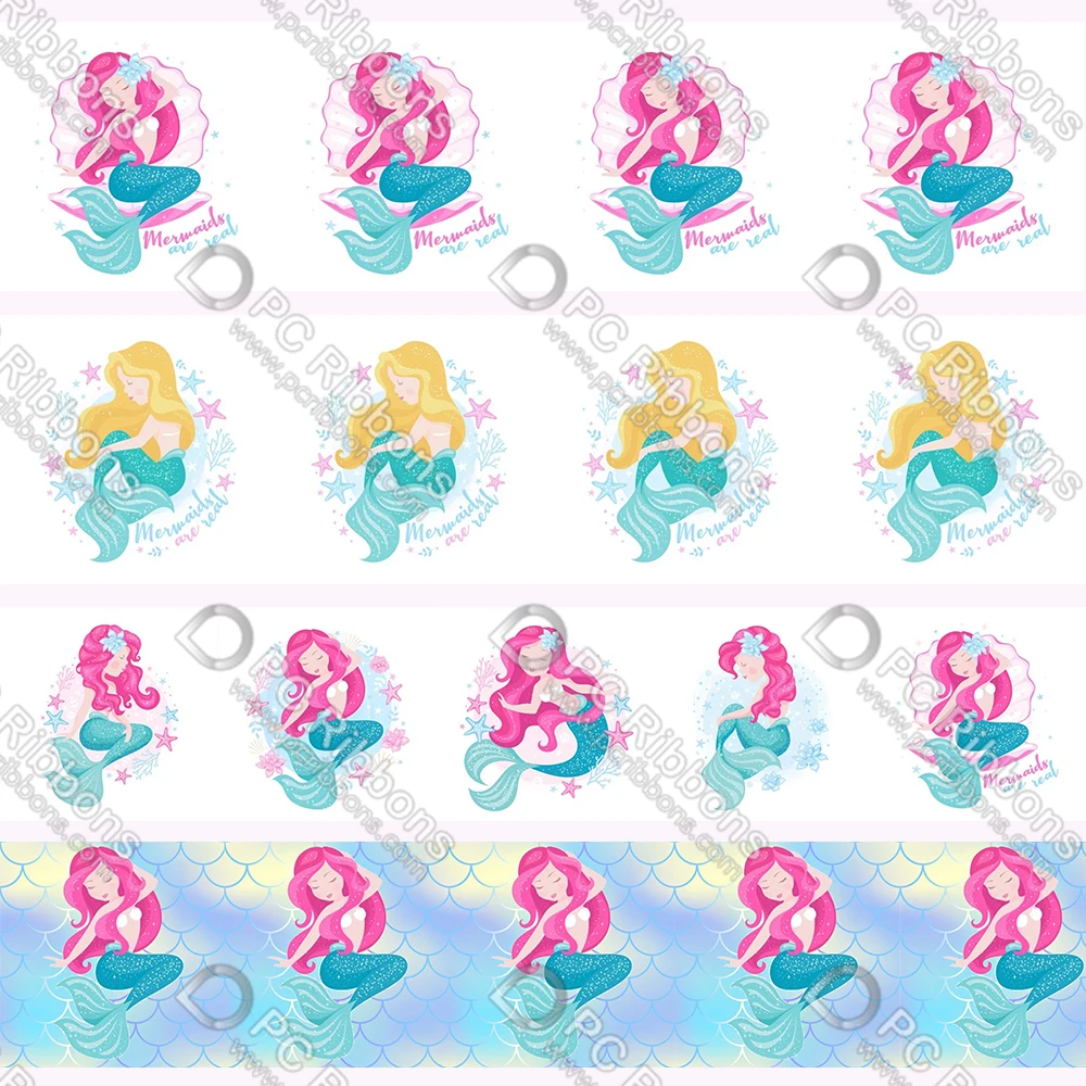 

16-75MM Cartoon Mermaid Printed Grosgrain Polyester Ribbon 50 Yards Gift Wrapping Diy Bows Wedding Drections Ribbons